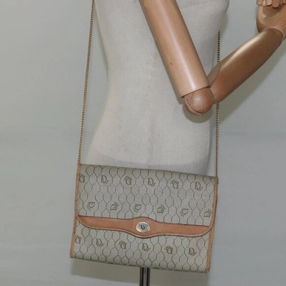 Christian Dior Honeycomb Canvas Chain Shoulder Bag PVC Leather Beige Auth ti2898 - Picture 1 of 16